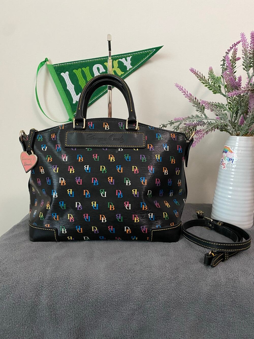 Dooney and Bourke Vintage rainbow monogram domed satchel with rainbow zipper